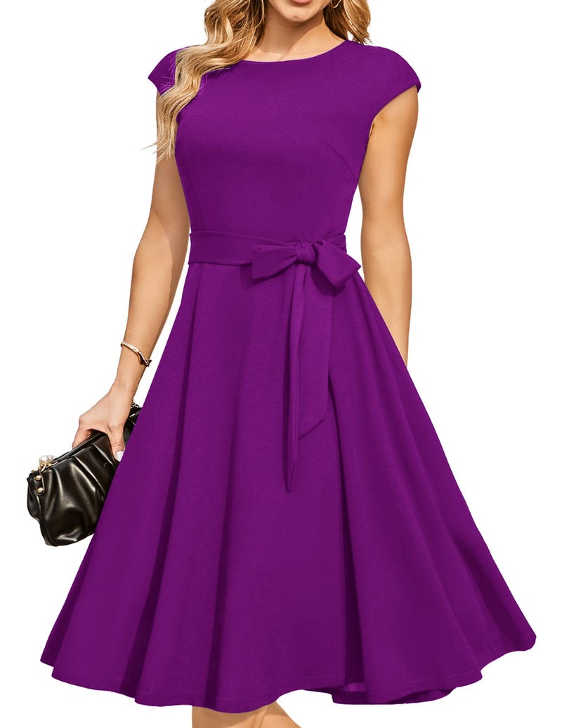 DRESSTELLS Cocktail Dress, Modest Formal Wedding Guest Dresses for Women, Vintage Tea Party Dress 2024, Summer Fit and Flare Homecoming Dress Purple XL - Image 1